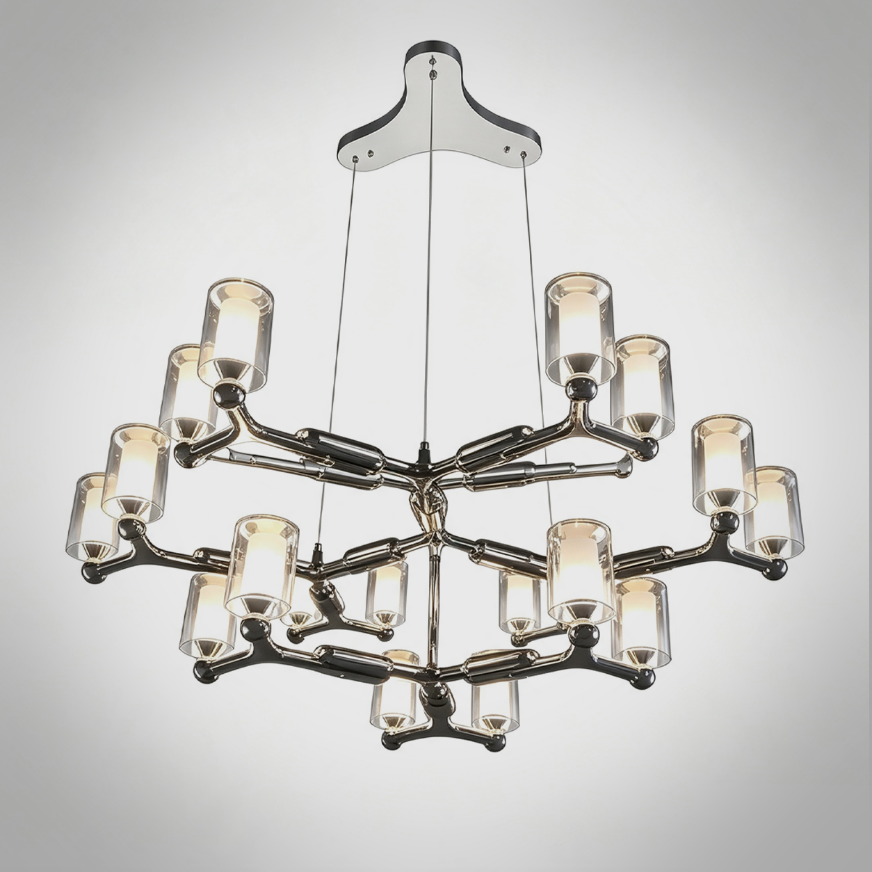 Modern multi-tiered chrome modular branching ring chandelier with tri-spoke canopy base for high ceiling living room and villa foyer