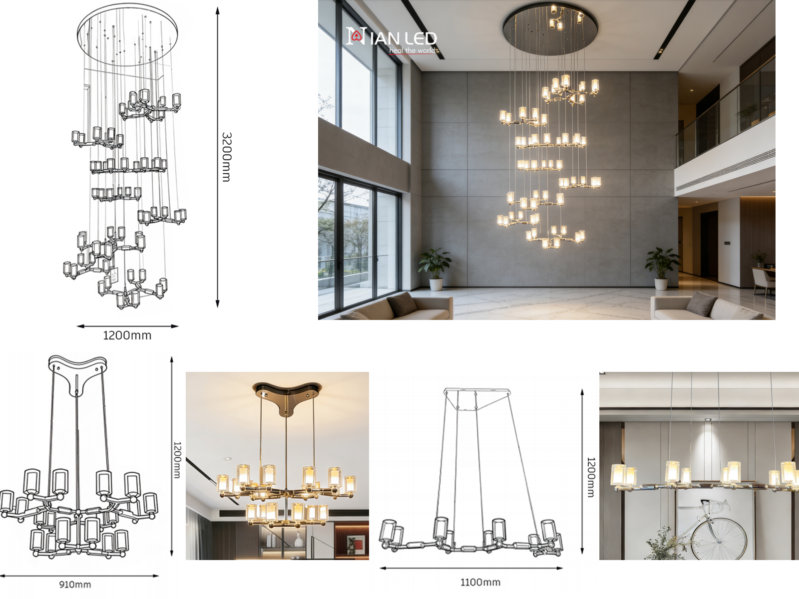 Modern multi-tiered chrome modular branching ring chandelier with tri-spoke canopy base for high ceiling living room and villa foyer