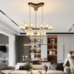 Modern multi-tiered chrome modular branching ring chandelier with tri-spoke canopy base for high ceiling living room and villa foyer