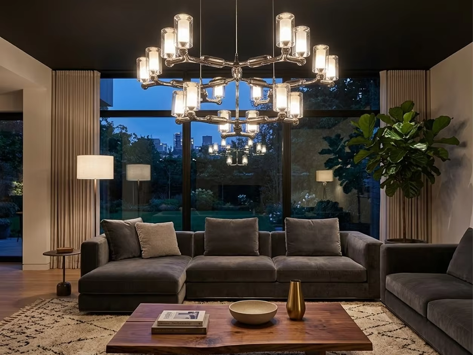 Modern multi-tiered chrome modular branching ring chandelier with tri-spoke canopy base for high ceiling living room and villa foyer