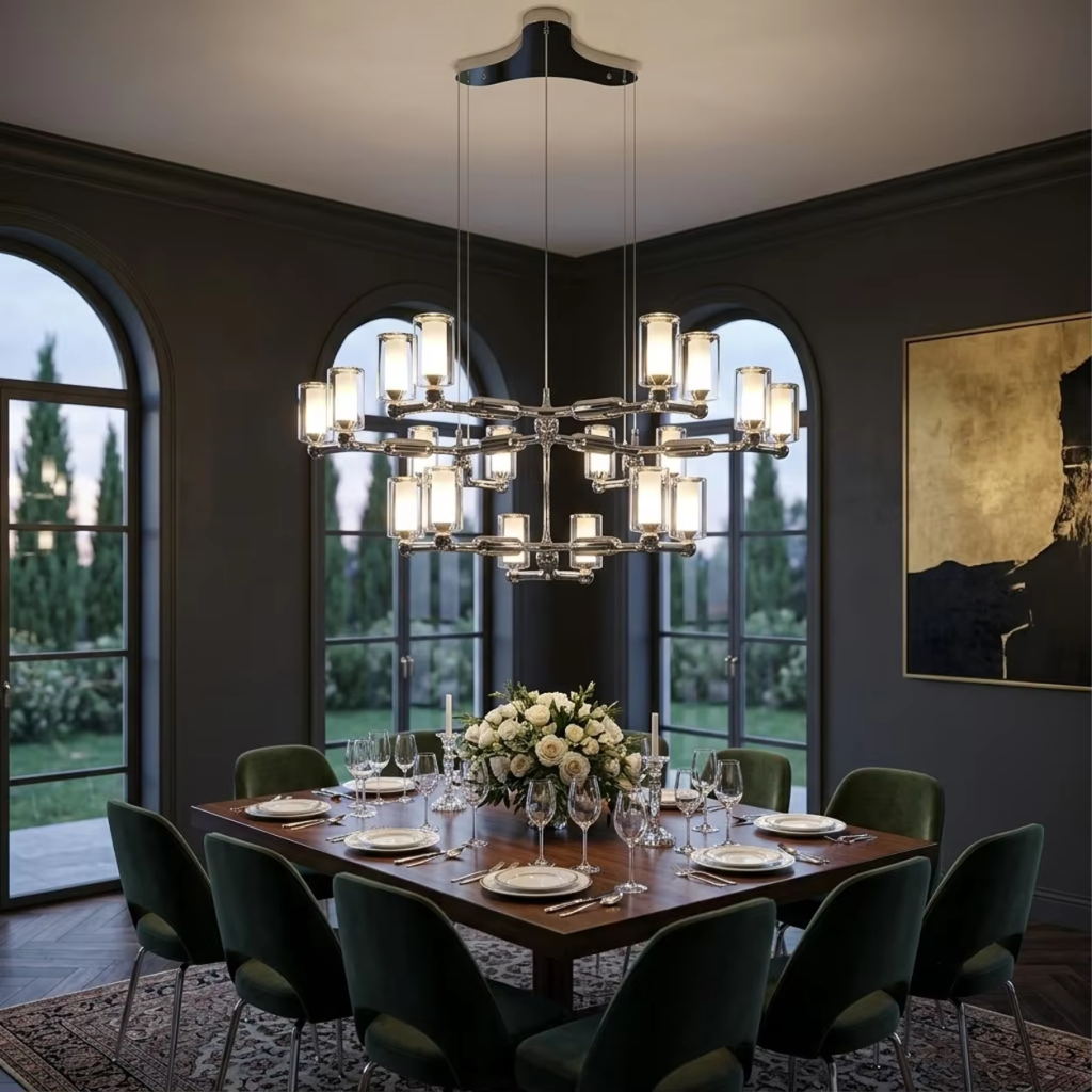 Modern multi-tiered chrome modular branching ring chandelier with tri-spoke canopy base for high ceiling living room and villa foyer