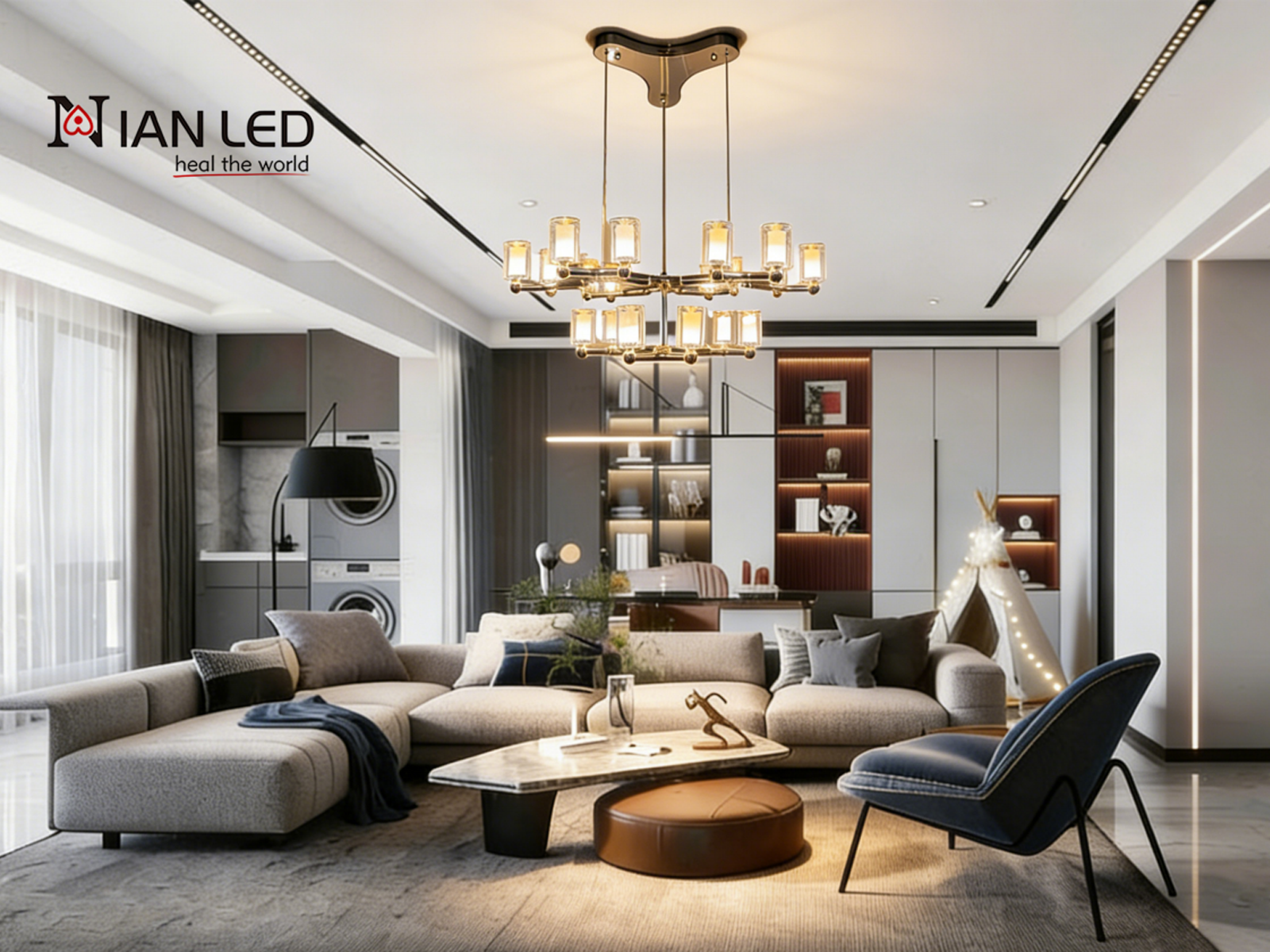 Modern multi-tiered chrome modular branching ring chandelier with tri-spoke canopy base for high ceiling living room and villa foyer