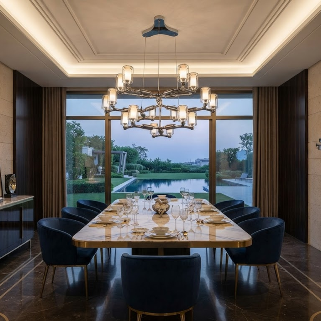 Modern multi-tiered chrome modular branching ring chandelier with tri-spoke canopy base for high ceiling living room and villa foyer
