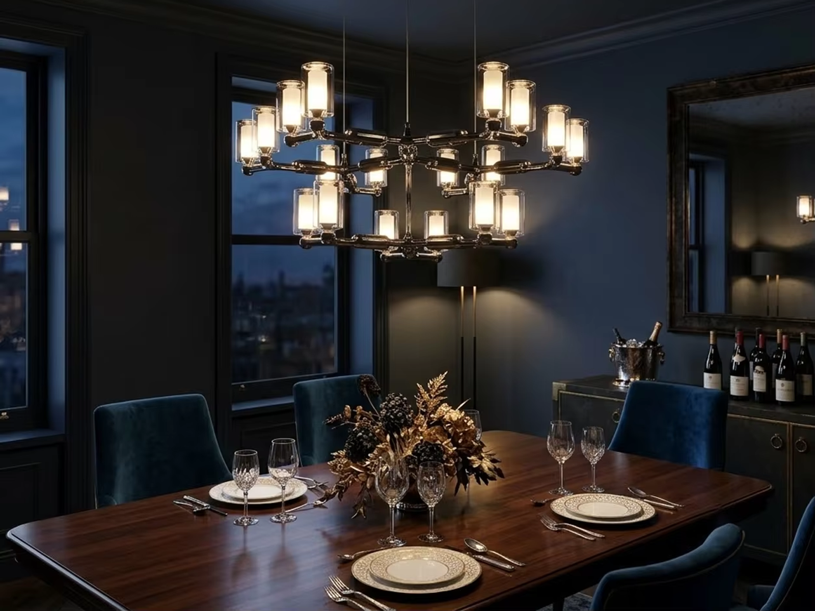 Modern multi-tiered chrome modular branching ring chandelier with tri-spoke canopy base for high ceiling living room and villa foyer