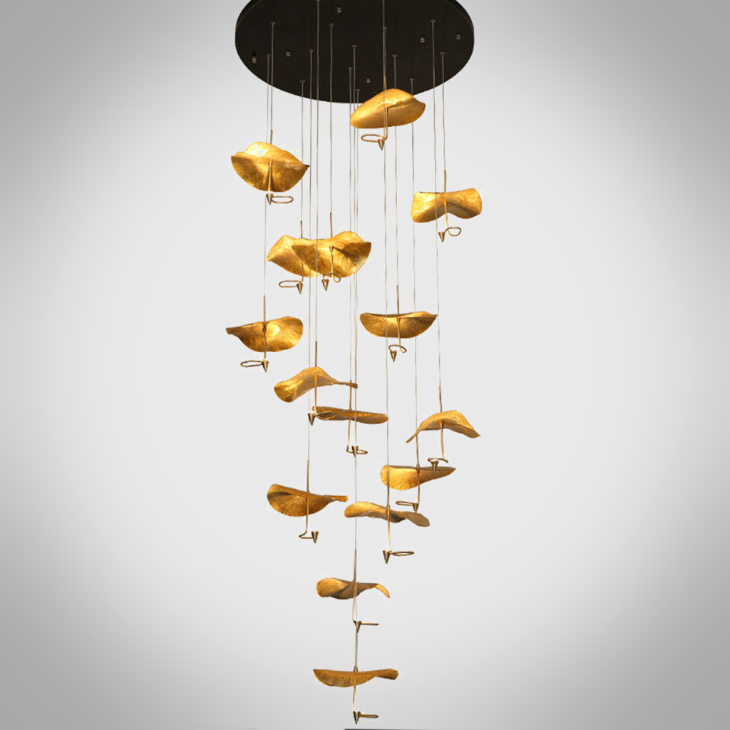 Modern luxury hand-hammered gold ginkgo leaf multi-light cascading chandelier for high ceiling staircase and duplex foyer
