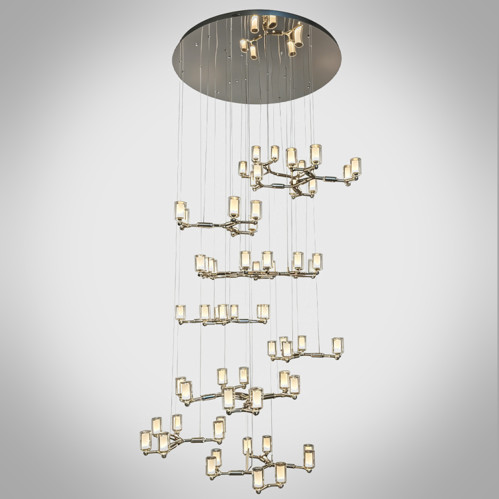 Modern luxury grand multi-tiered chrome branching glass cylinder chandelier for high-ceiling staircase and villa foyer