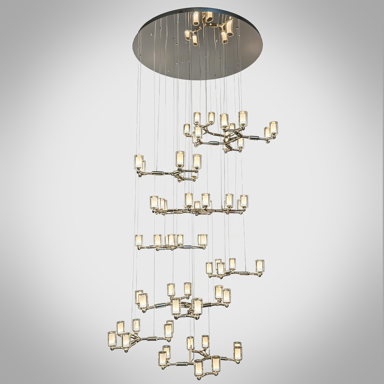 Modern luxury grand multi-tiered chrome branching glass cylinder chandelier for high-ceiling staircase and villa foyer