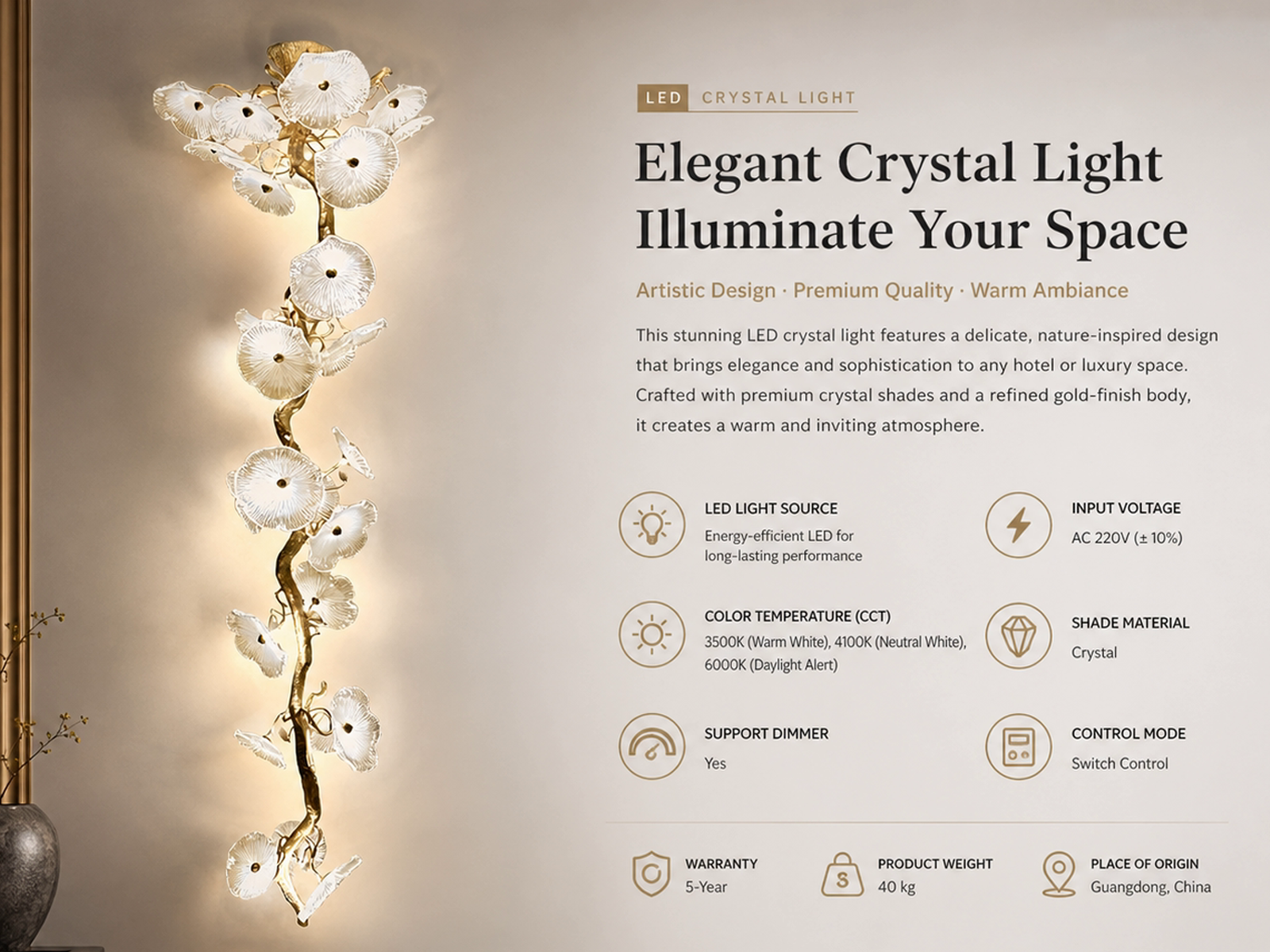 Handcrafted organic glass leaf tree branch vertical chandelier hanging in a luxury high-ceiling staircase foyer