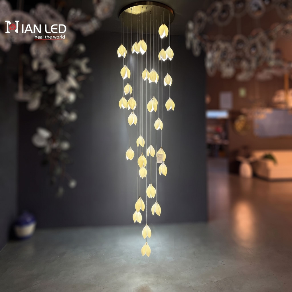 Modern cascading magnolia petal multi-light raindrop LED chandelier for high ceiling staircase and duplex foyer lighting
