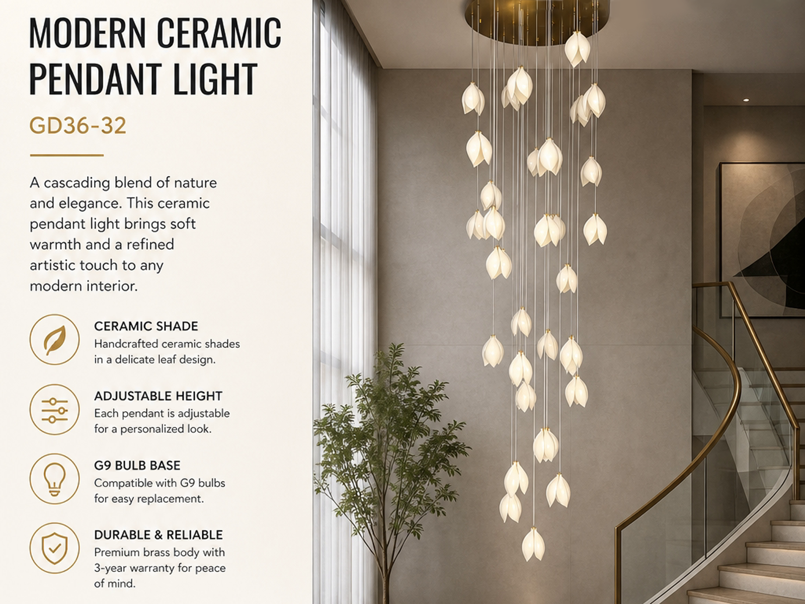 Modern cascading magnolia petal multi-light raindrop LED chandelier for high ceiling staircase and duplex foyer lighting