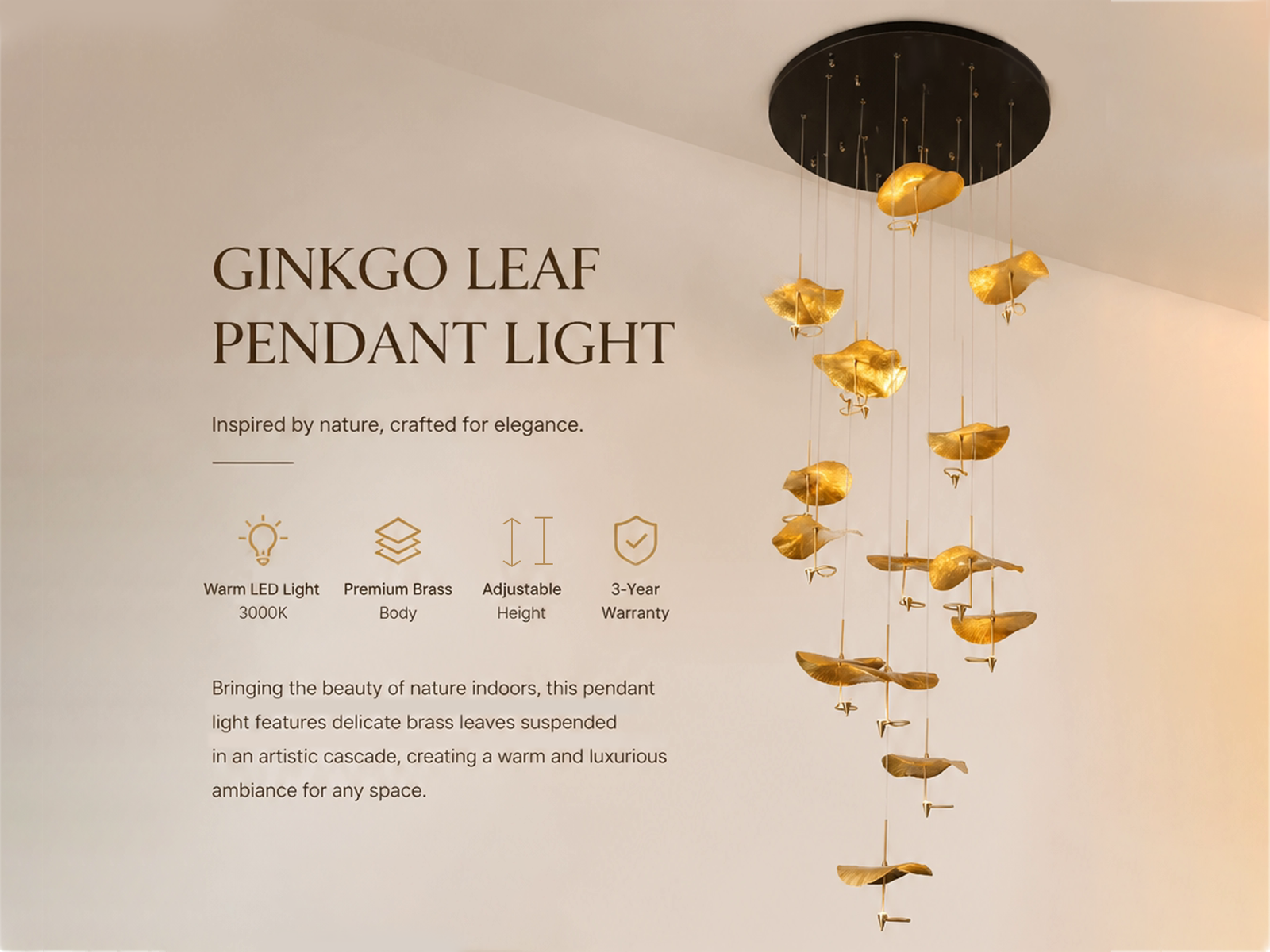 Modern luxury hand-hammered gold ginkgo leaf multi-light cascading chandelier for high ceiling staircase and duplex foyer