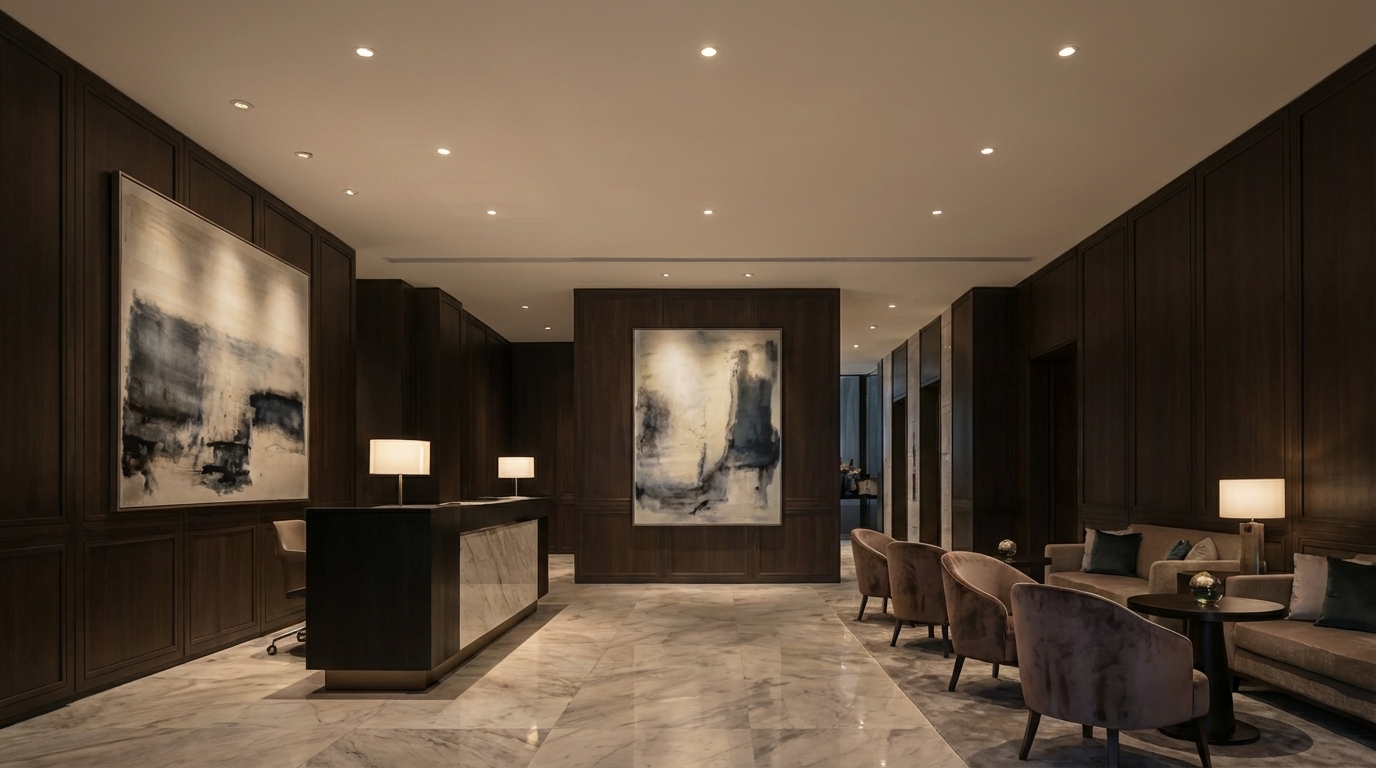 Luxury hotel reception illuminated by modern black deep-recessed LED downlight, architectural anti-glare lighting design