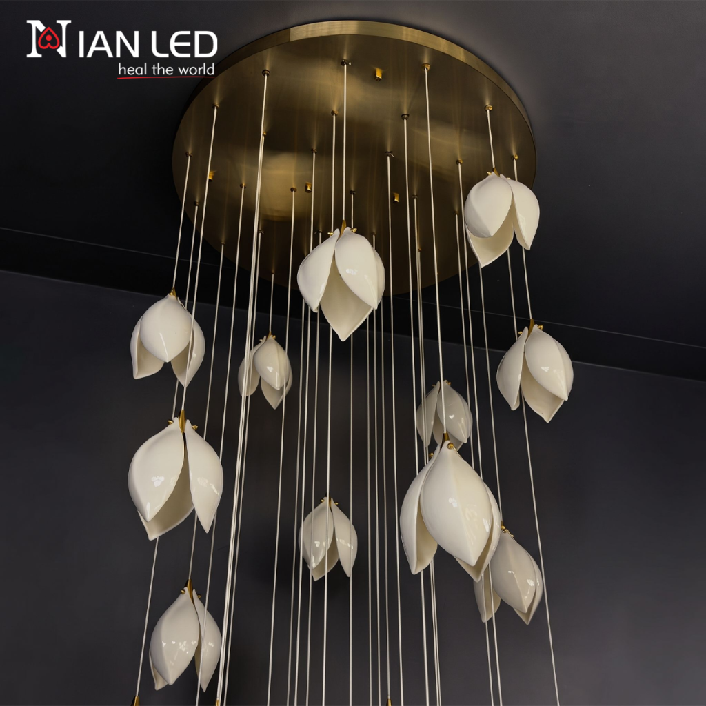 Modern cascading magnolia petal multi-light raindrop LED chandelier for high ceiling staircase and duplex foyer lighting