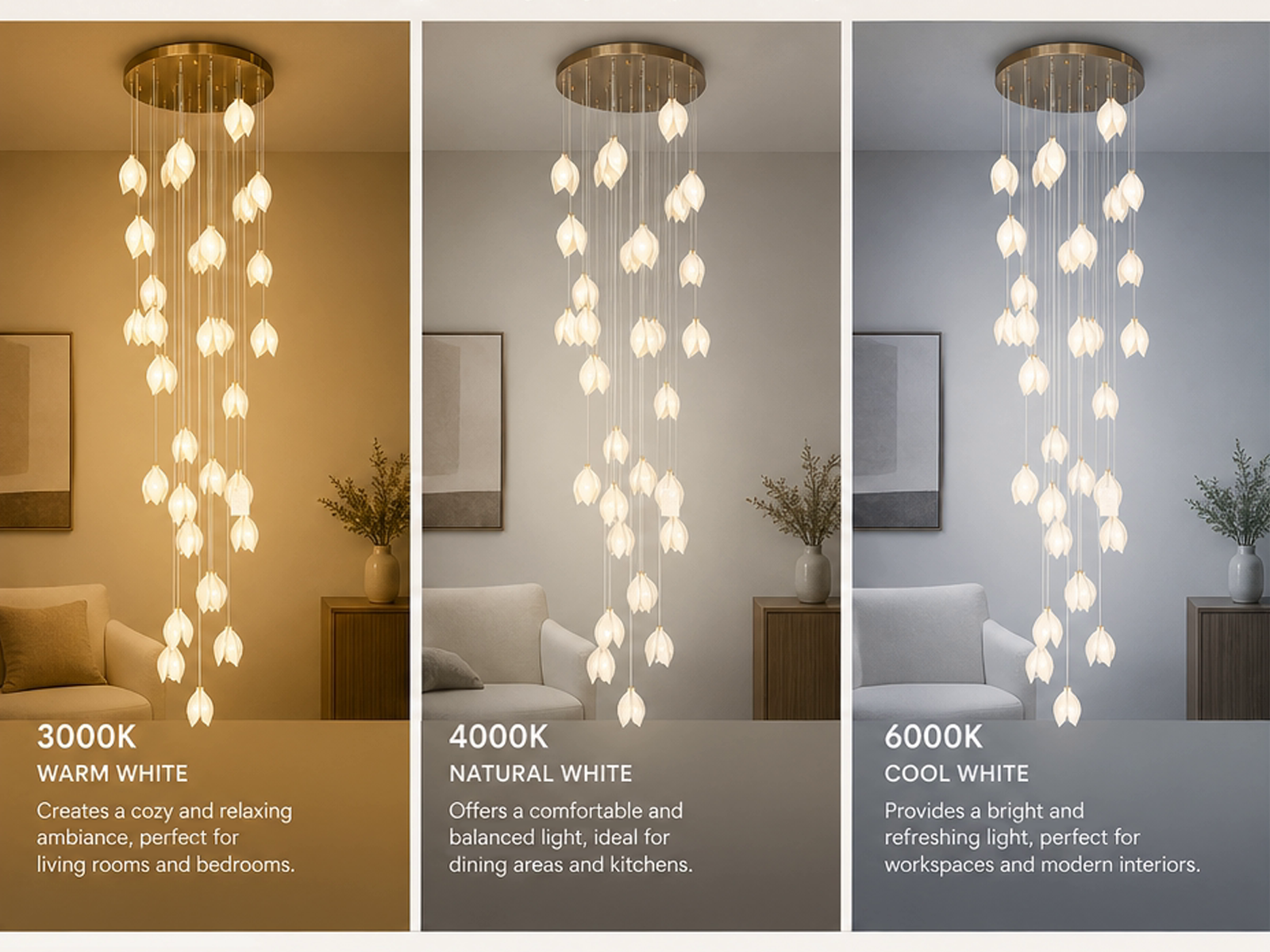 Modern cascading magnolia petal multi-light raindrop LED chandelier for high ceiling staircase and duplex foyer lighting