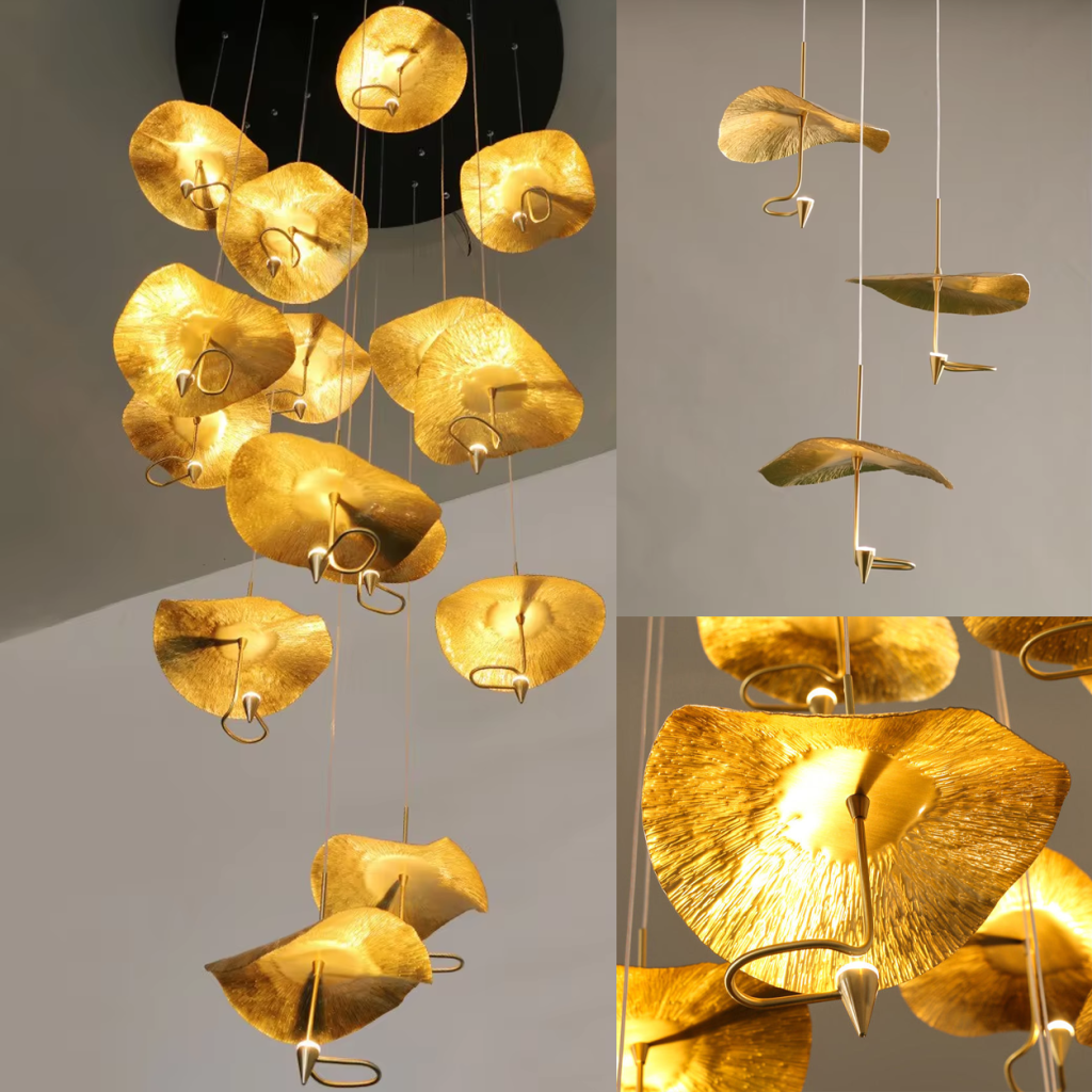 Modern luxury hand-hammered gold ginkgo leaf multi-light cascading chandelier for high ceiling staircase and duplex foyer