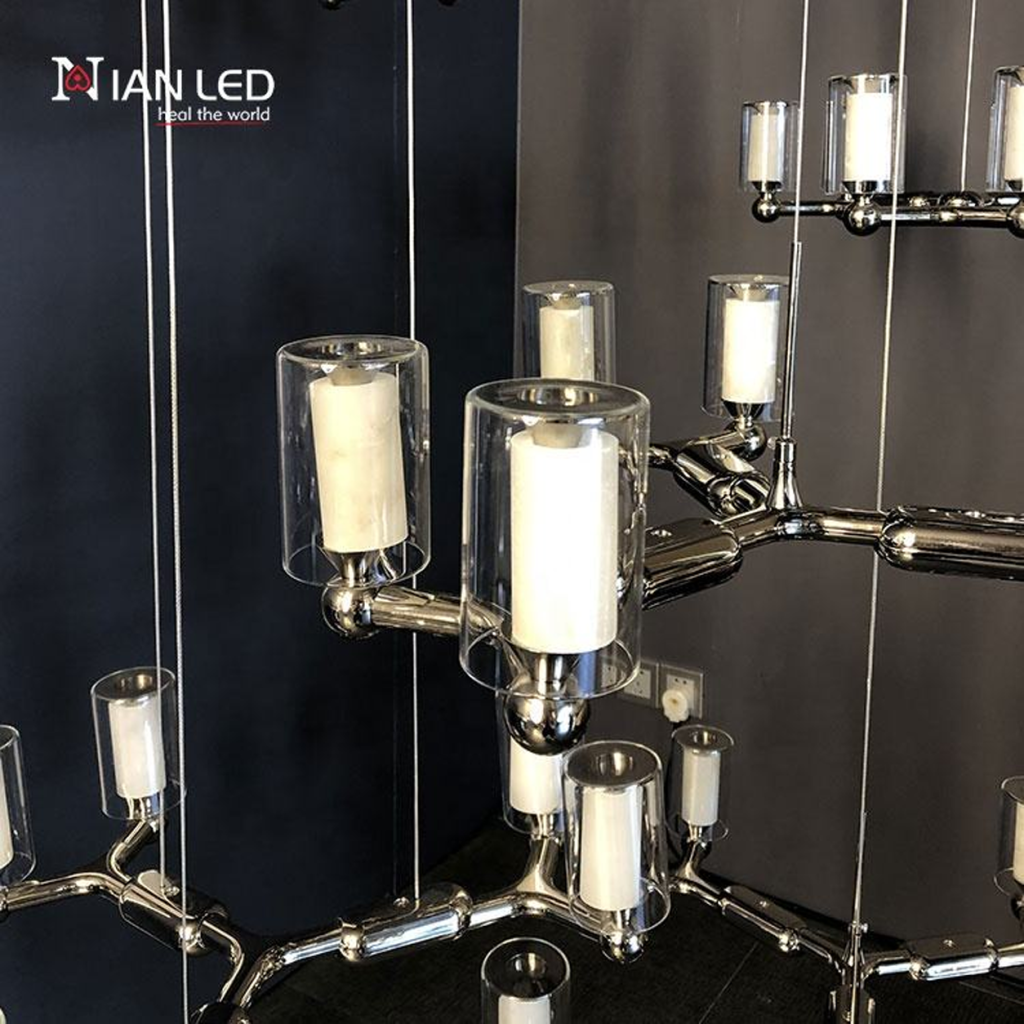 Modern luxury grand multi-tiered chrome branching glass cylinder chandelier for high-ceiling staircase and villa foyer
