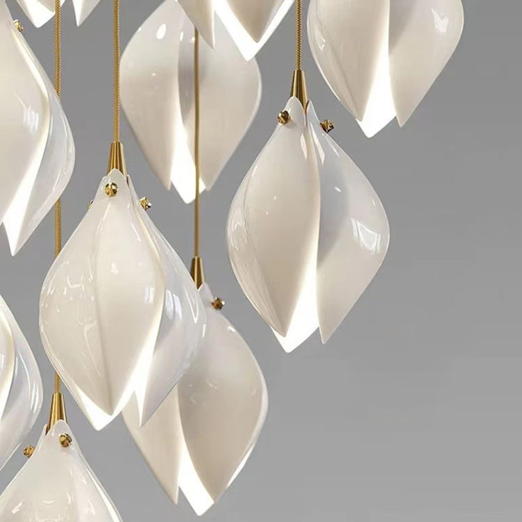 Modern cascading magnolia petal multi-light raindrop LED chandelier for high ceiling staircase and duplex foyer lighting
