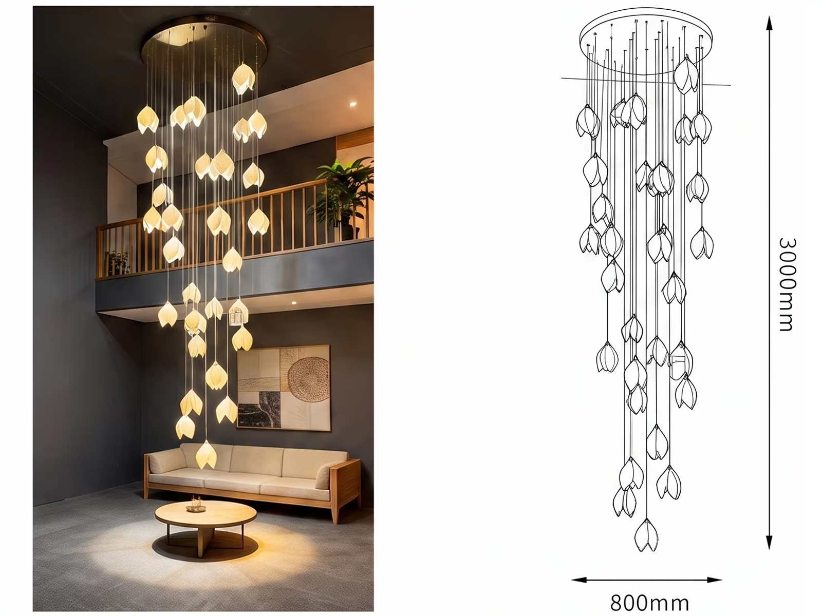 Modern cascading magnolia petal multi-light raindrop LED chandelier for high ceiling staircase and duplex foyer lighting