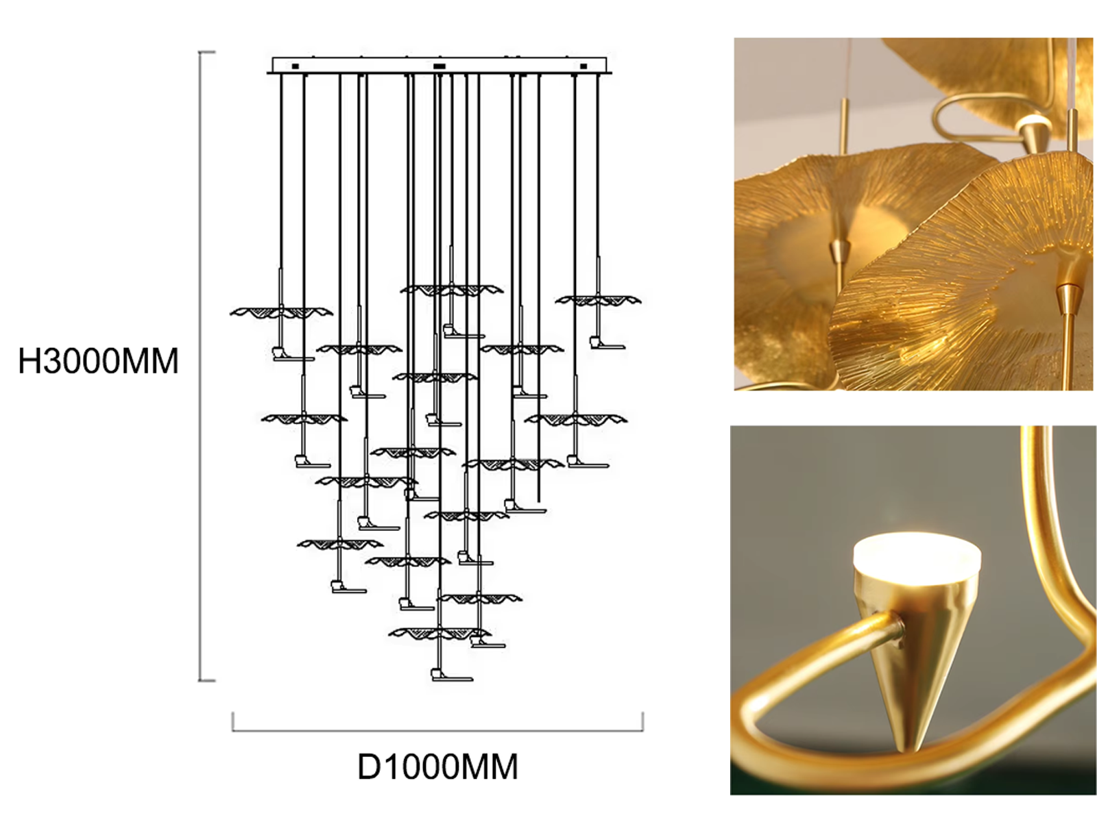Modern luxury hand-hammered gold ginkgo leaf multi-light cascading chandelier for high ceiling staircase and duplex foyer
