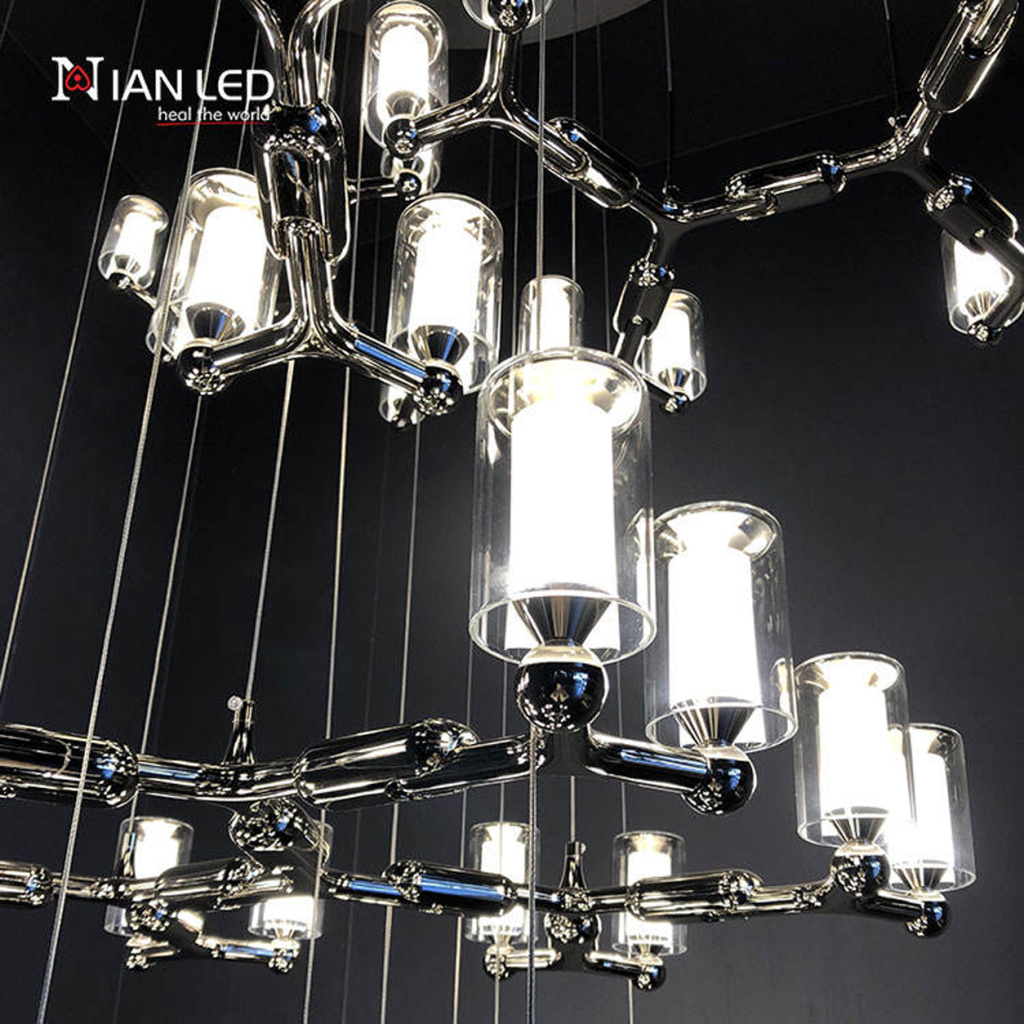Modern luxury grand multi-tiered chrome branching glass cylinder chandelier for high-ceiling staircase and villa foyer