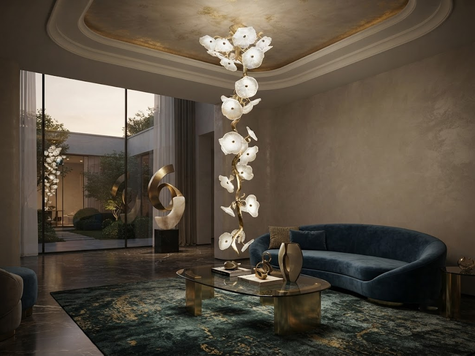 Handcrafted organic glass leaf tree branch vertical chandelier hanging in a luxury high-ceiling staircase foyer