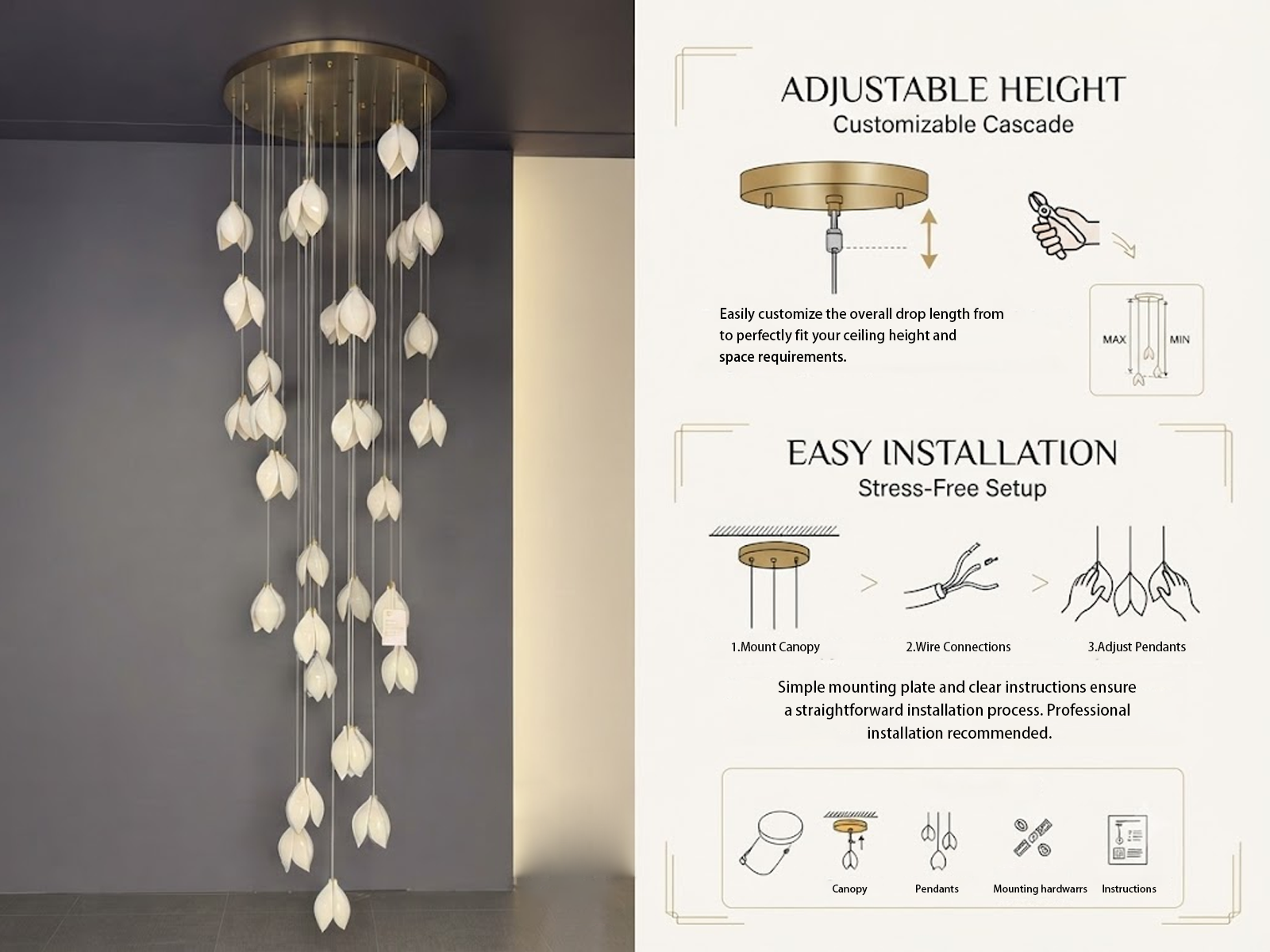 Modern cascading magnolia petal multi-light raindrop LED chandelier for high ceiling staircase and duplex foyer lighting