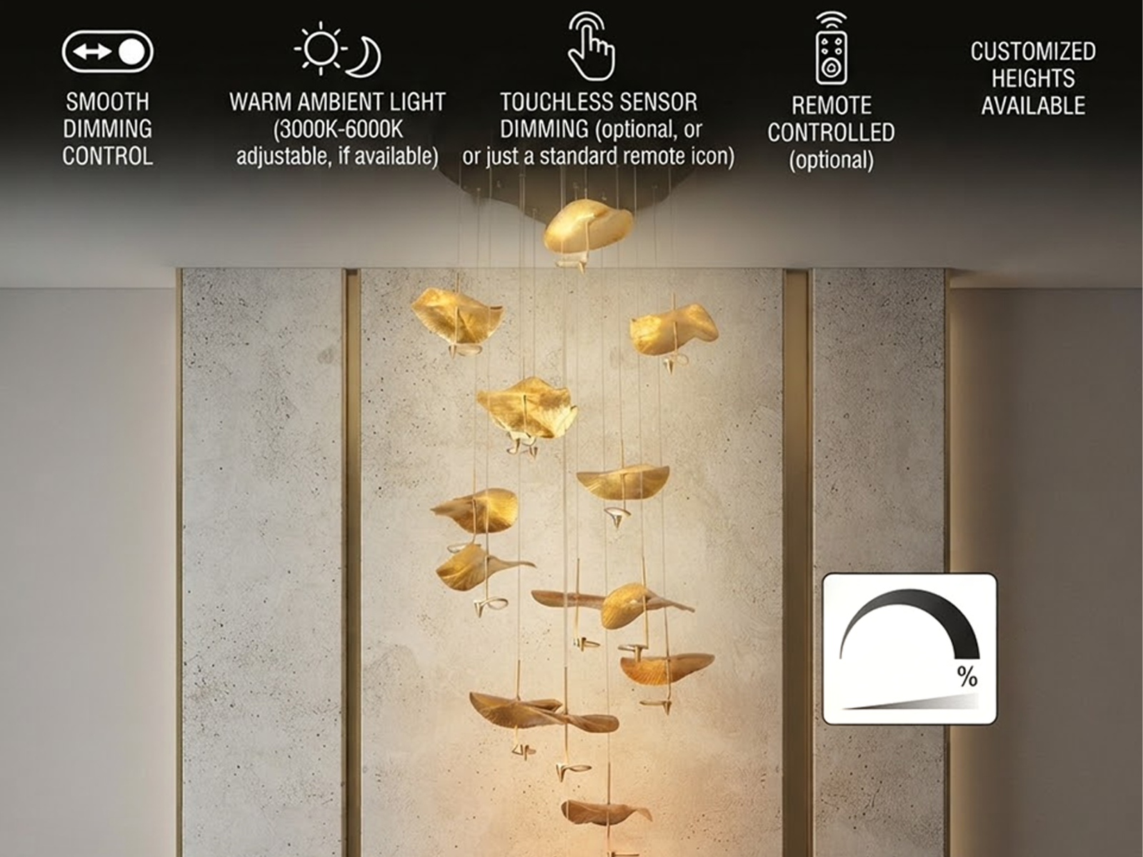 Modern luxury hand-hammered gold ginkgo leaf multi-light cascading chandelier for high ceiling staircase and duplex foyer