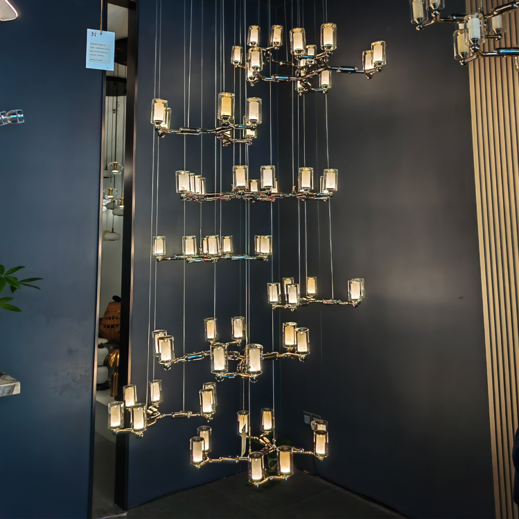 Modern luxury grand multi-tiered chrome branching glass cylinder chandelier for high-ceiling staircase and villa foyer