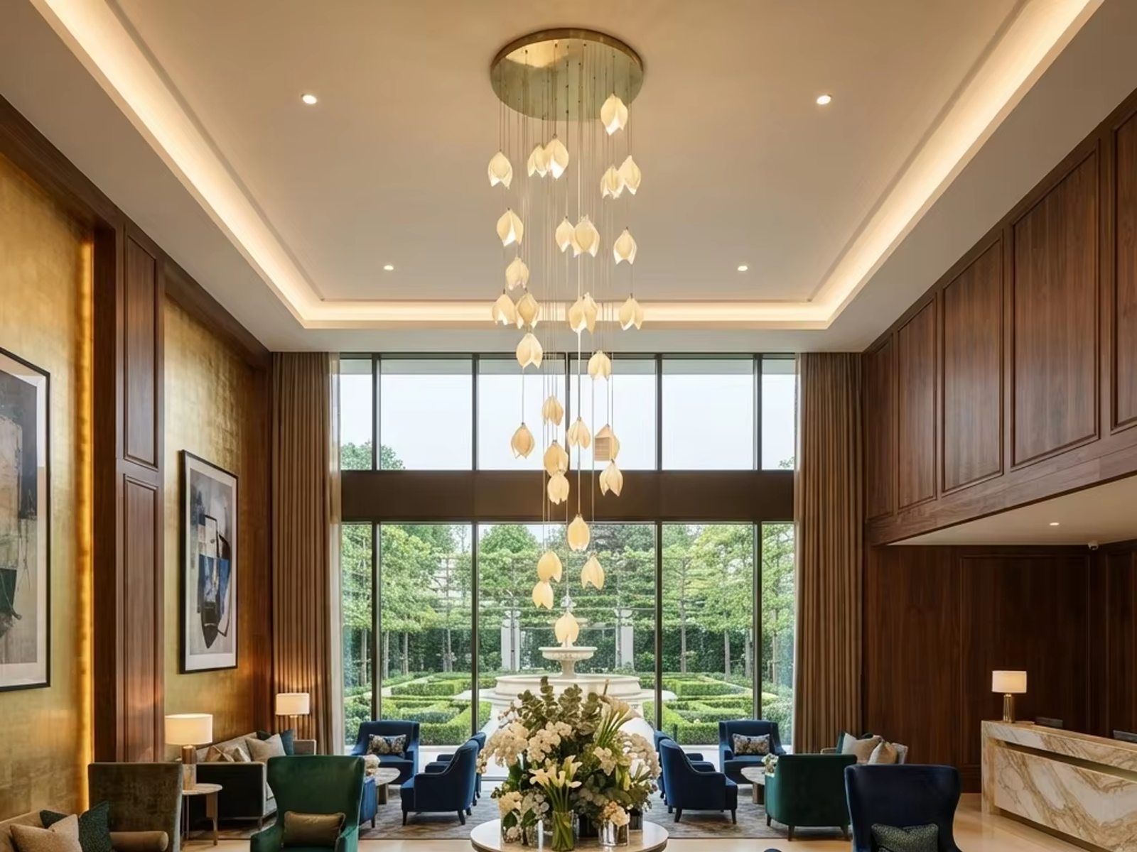 Modern cascading magnolia petal multi-light raindrop LED chandelier for high ceiling staircase and duplex foyer lighting