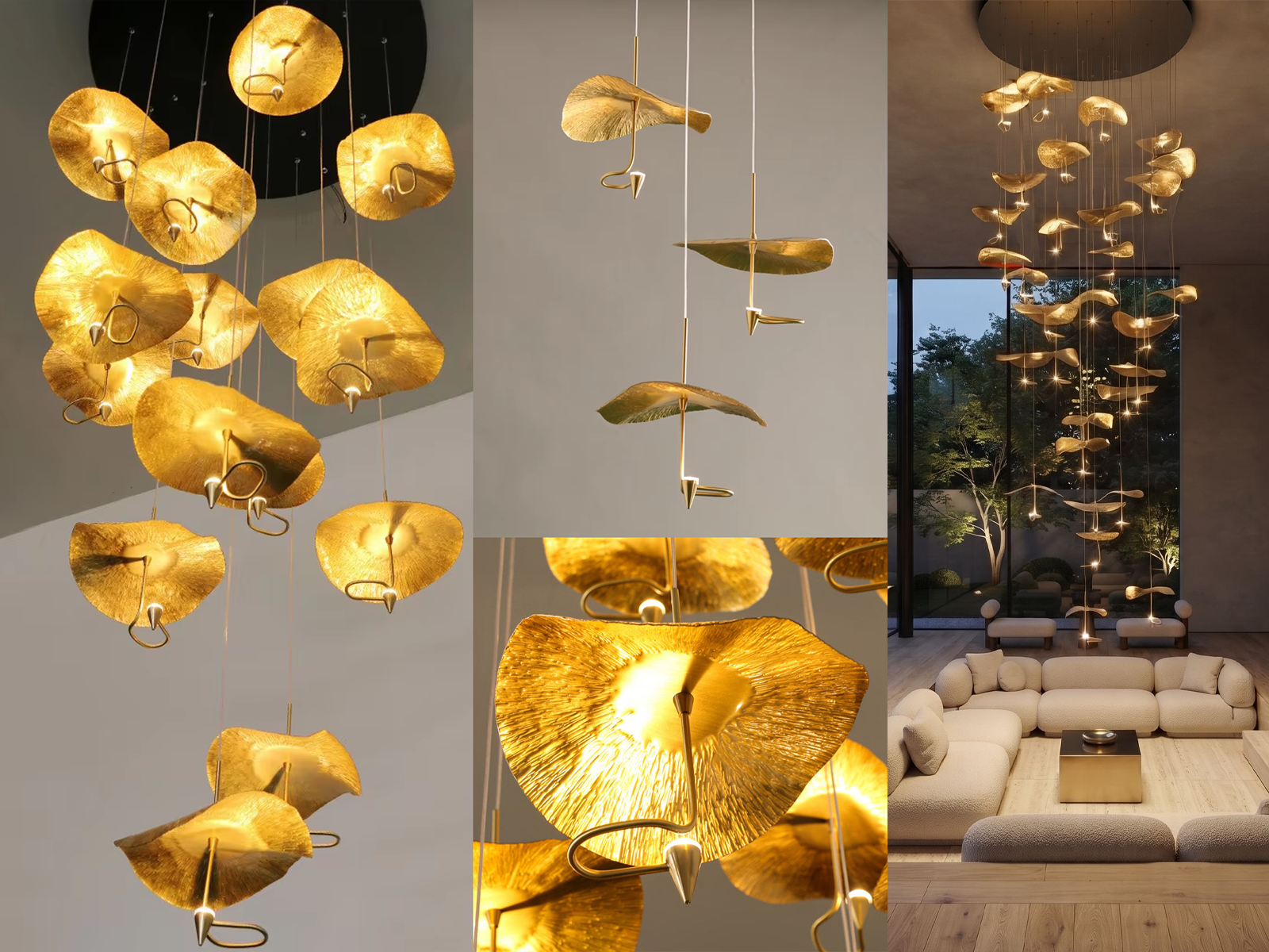 Modern luxury hand-hammered gold ginkgo leaf multi-light cascading chandelier for high ceiling staircase and duplex foyer
