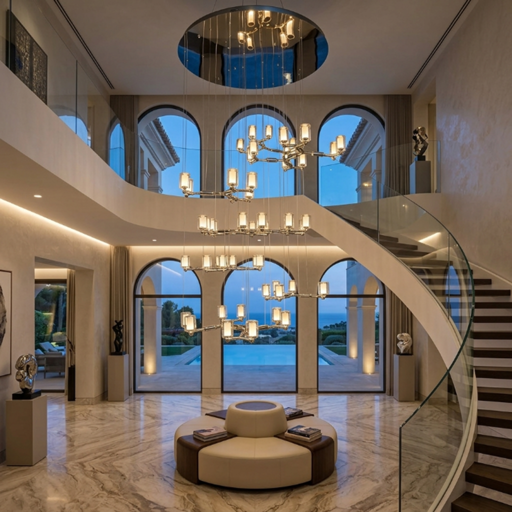 Modern luxury grand multi-tiered chrome branching glass cylinder chandelier for high-ceiling staircase and villa foyer