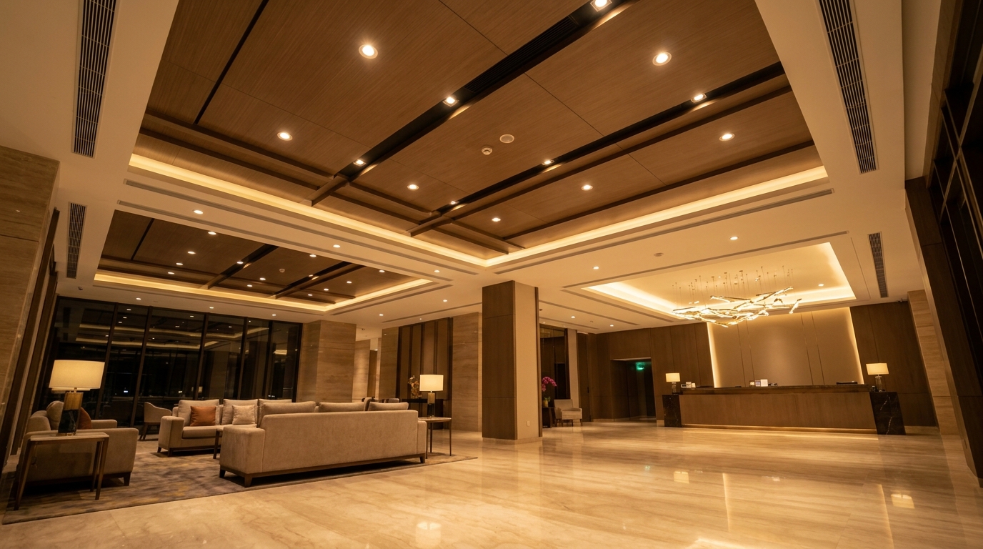 Luxury hotel lobby illuminated by modern black deep-recessed LED downlight, architectural anti-glare lighting design