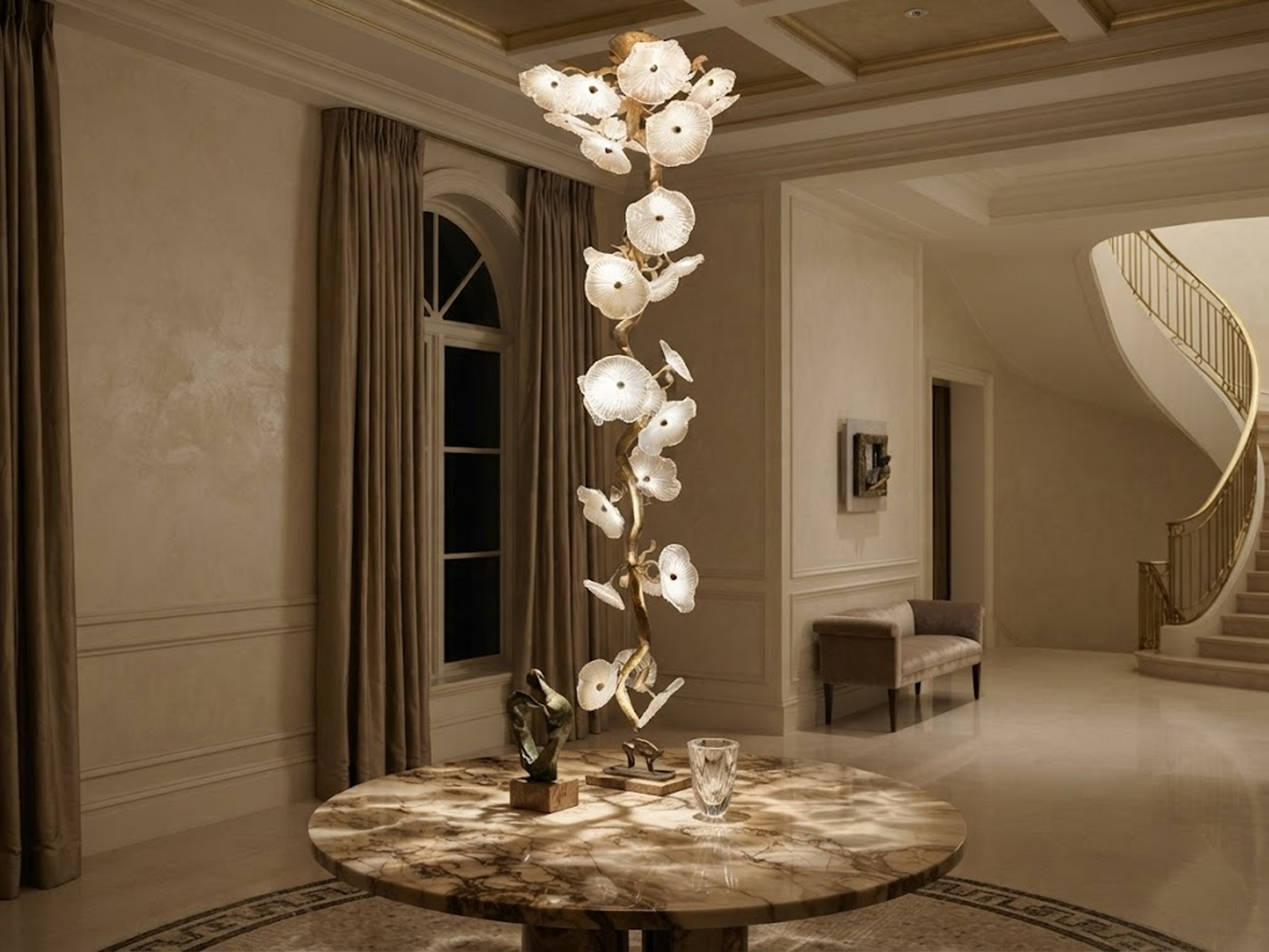 Handcrafted organic glass leaf tree branch vertical chandelier hanging in a luxury high-ceiling staircase foyer