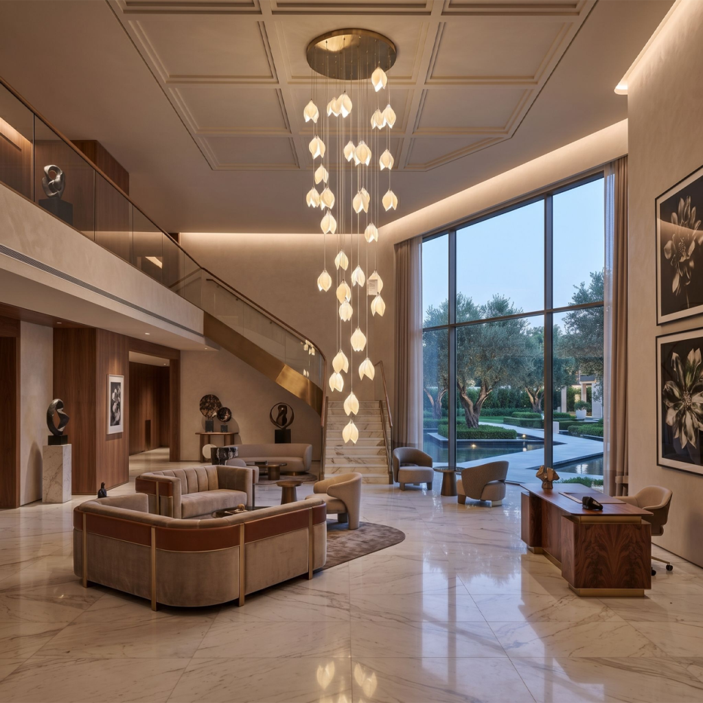Modern cascading magnolia petal multi-light raindrop LED chandelier for high ceiling staircase and duplex foyer lighting