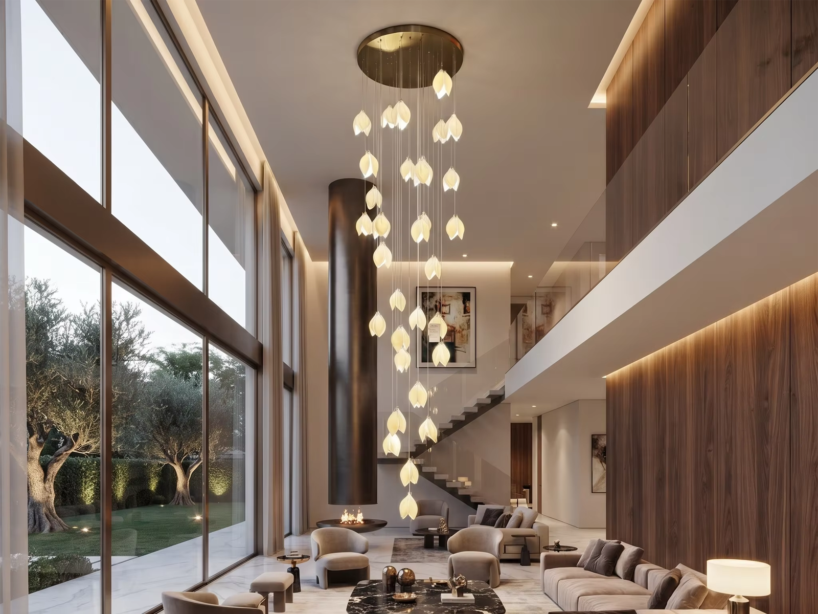 Modern cascading magnolia petal multi-light raindrop LED chandelier for high ceiling staircase and duplex foyer lighting