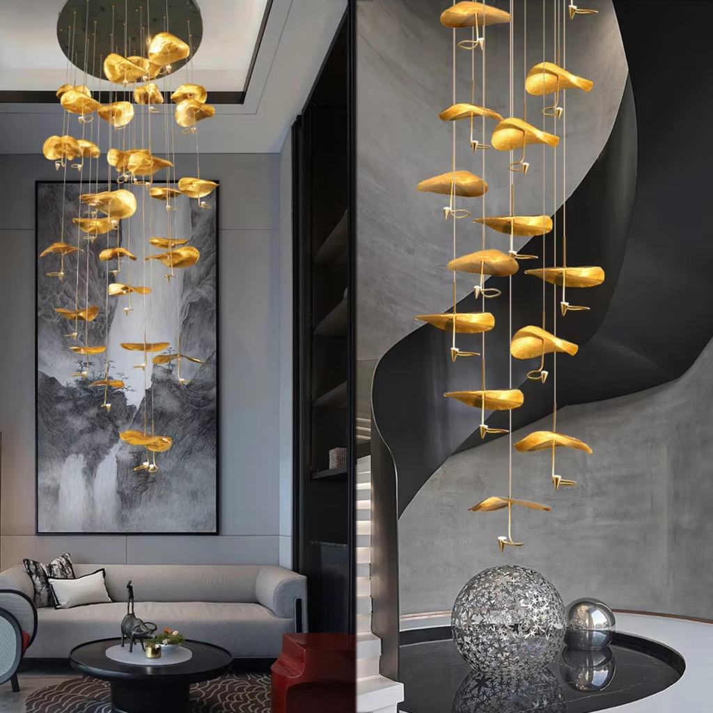 Modern luxury hand-hammered gold ginkgo leaf multi-light cascading chandelier for high ceiling staircase and duplex foyer