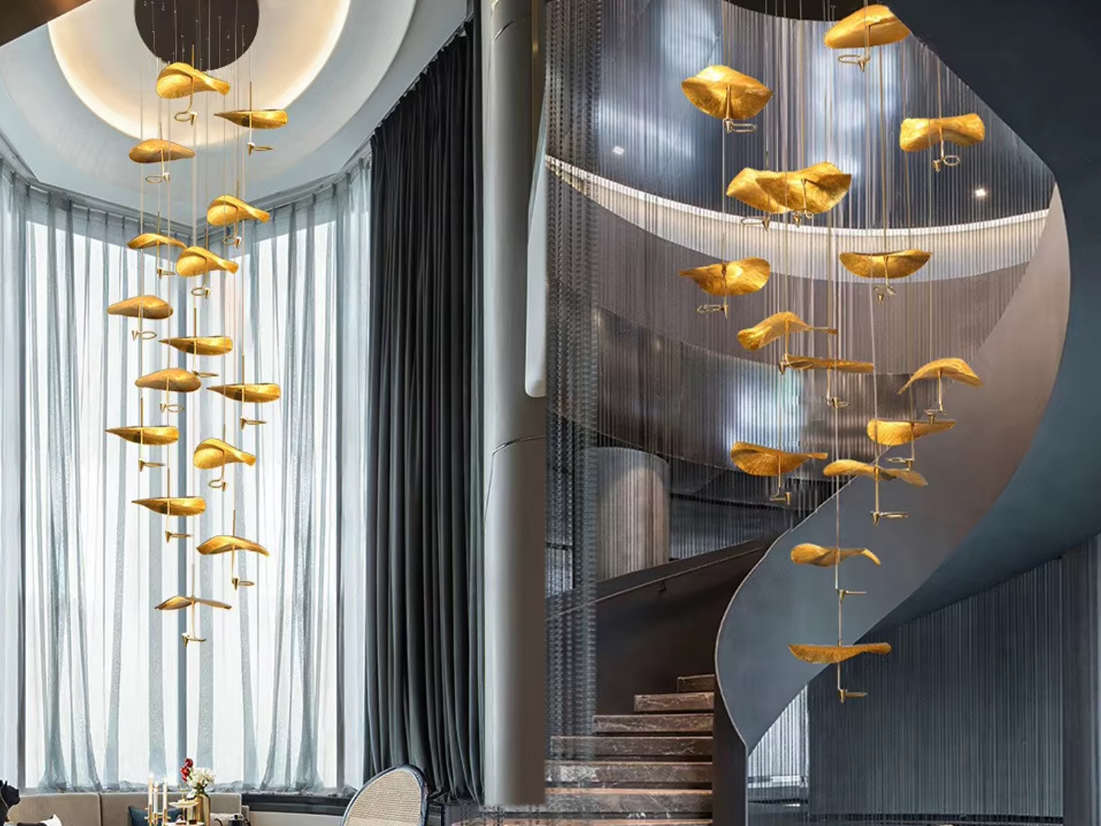 Modern luxury hand-hammered gold ginkgo leaf multi-light cascading chandelier for high ceiling staircase and duplex foyer