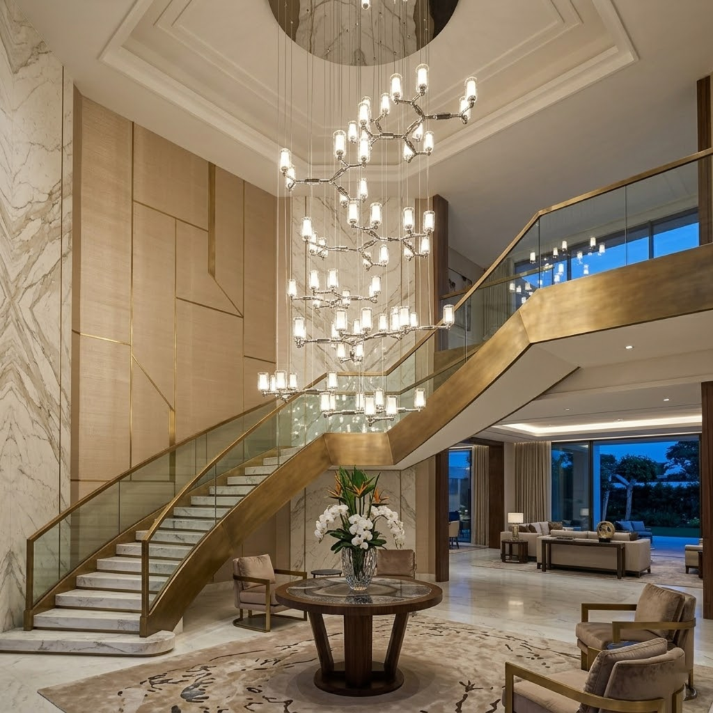 Modern luxury grand multi-tiered chrome branching glass cylinder chandelier for high-ceiling staircase and villa foyer