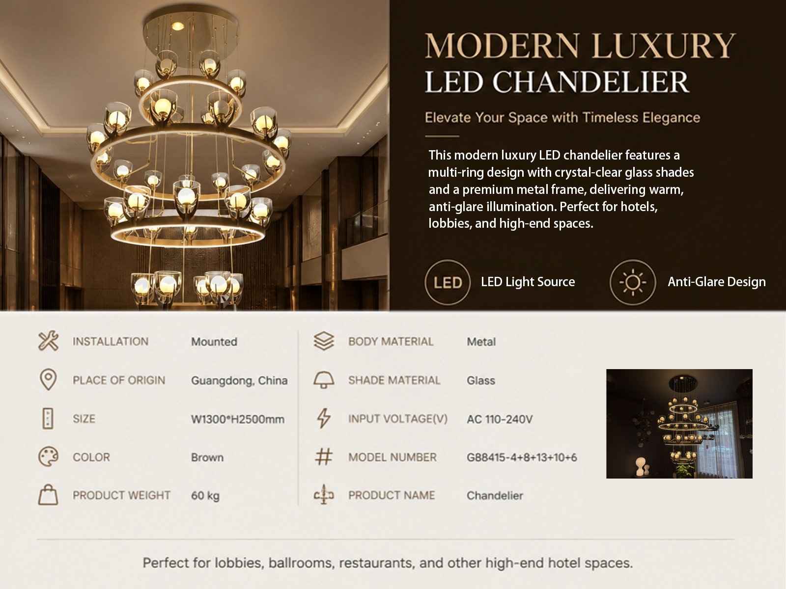 Modern luxury multi-ring LED chandelier with anti-glare glass shades for high ceiling hotel lobby