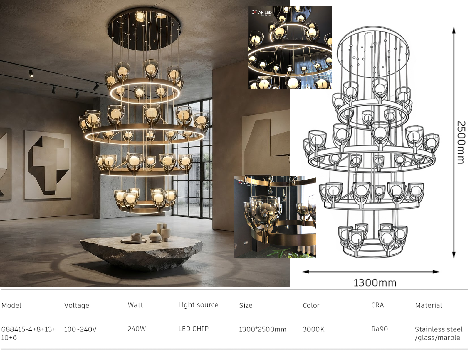 Modern luxury multi-ring LED chandelier with anti-glare glass shades for high ceiling hotel lobby