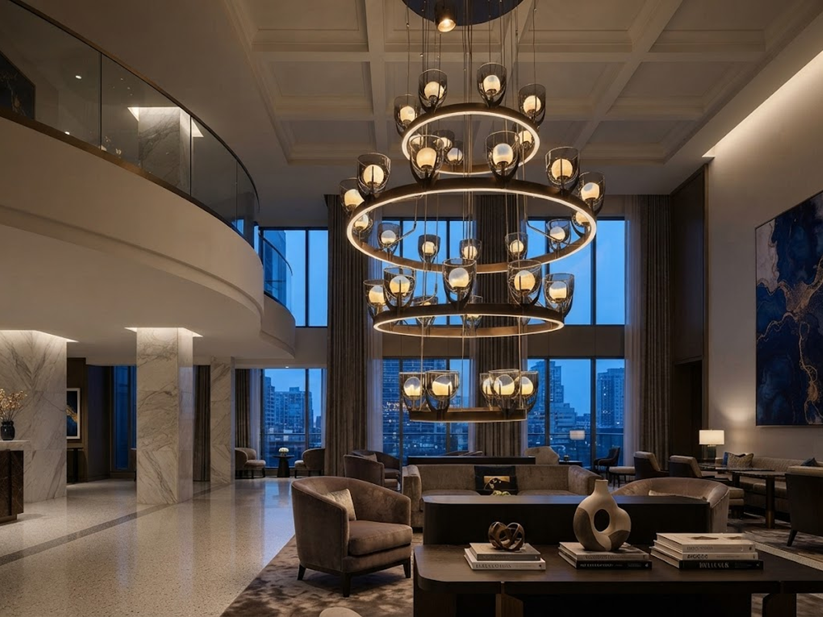 Modern luxury multi-ring LED chandelier with anti-glare glass shades for high ceiling hotel lobby