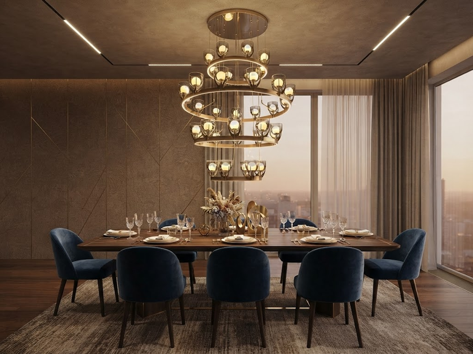 Modern luxury multi-ring LED chandelier with anti-glare glass shades for high ceiling hotel lobby