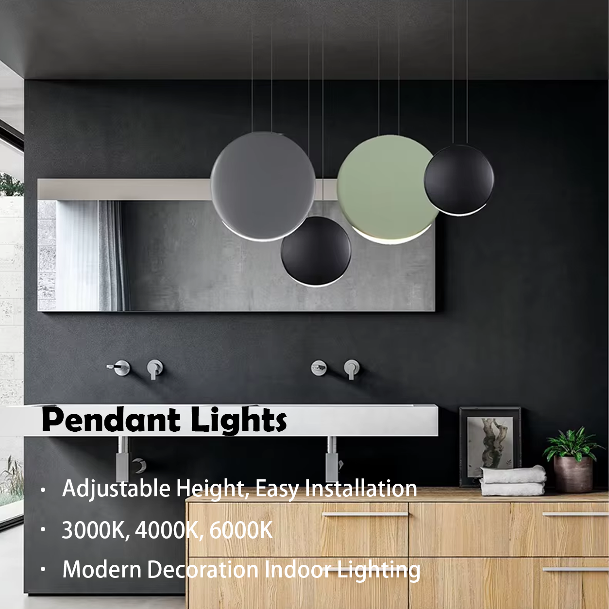 Close-up of matte grey, black, and white polyresin disc light shades showing crescent LED illumination and metal suspension cords