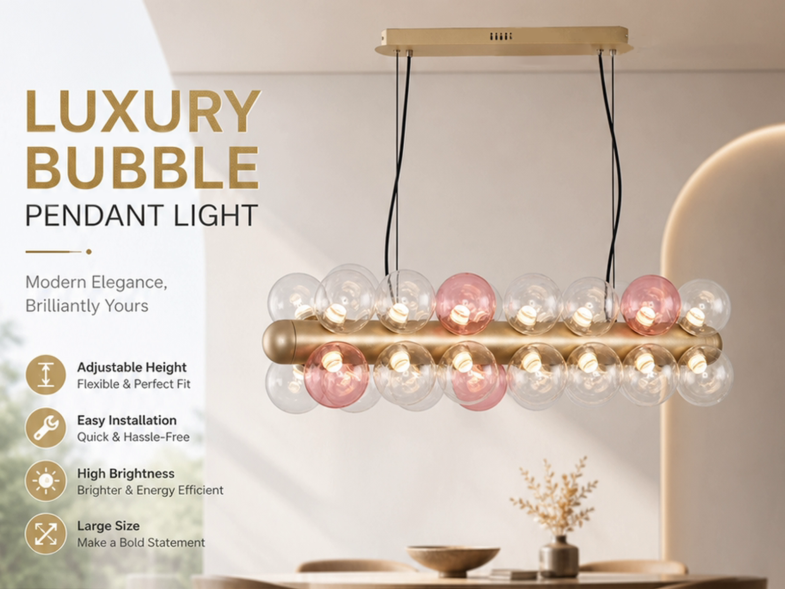 The Cell linear glass globe bubble chandelier with champagne gold textured core and pink accent globes