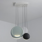 Nordic cluster chandelier with pastel polyresin disc shades suspended from a white metal ceiling canopy
