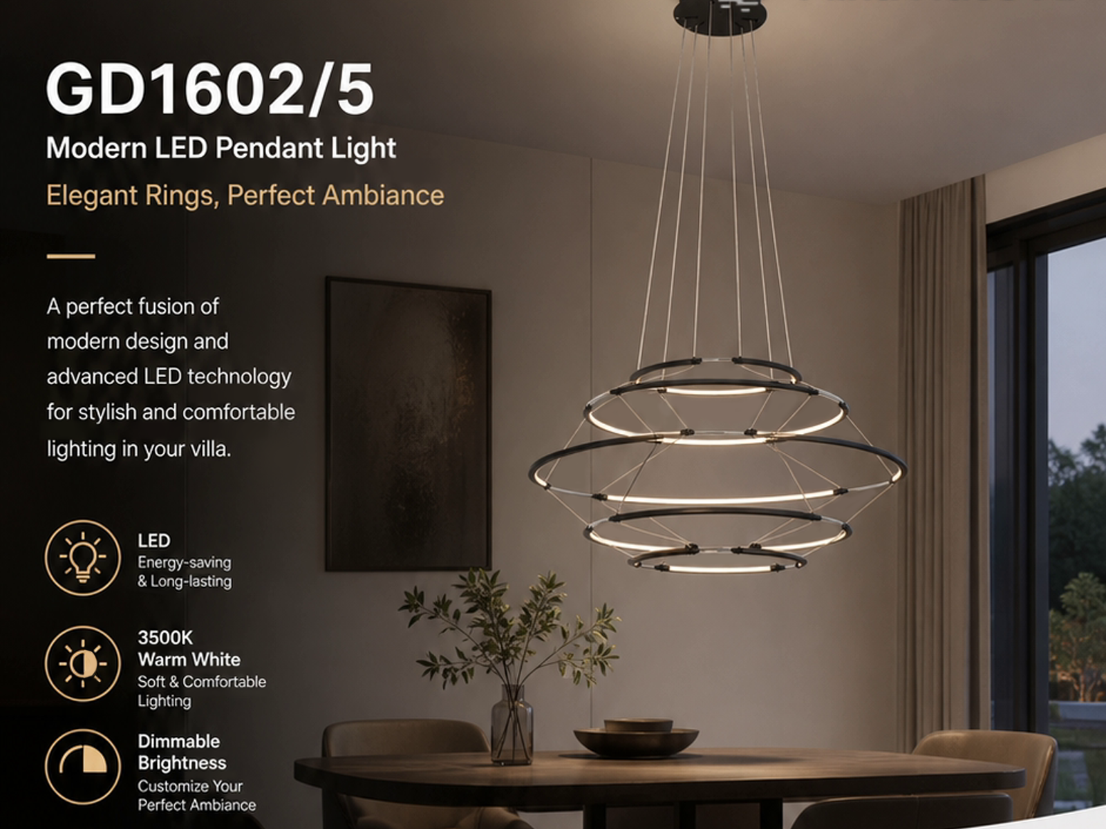 The Orbital Mesh multi tier LED ring chandelier hanging over a round dining table in a modern sunroom nook