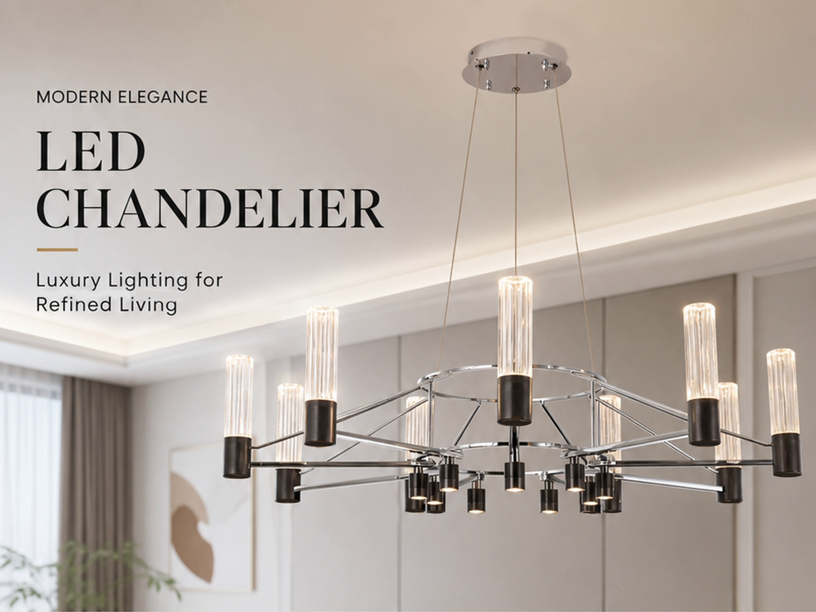 The Crown multi light fluted glass ring chandelier suspended over a modern sectional sofa in a high ceiling living room