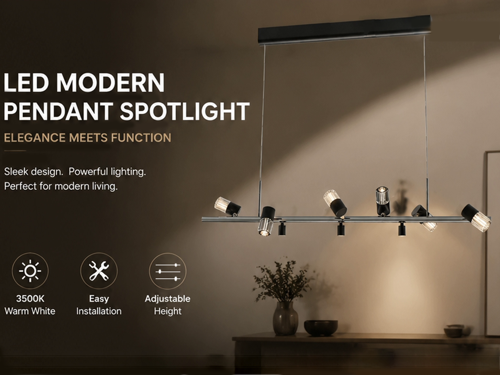 The Metro linear adjustable spotlight chandelier suspended over a modern marble kitchen island