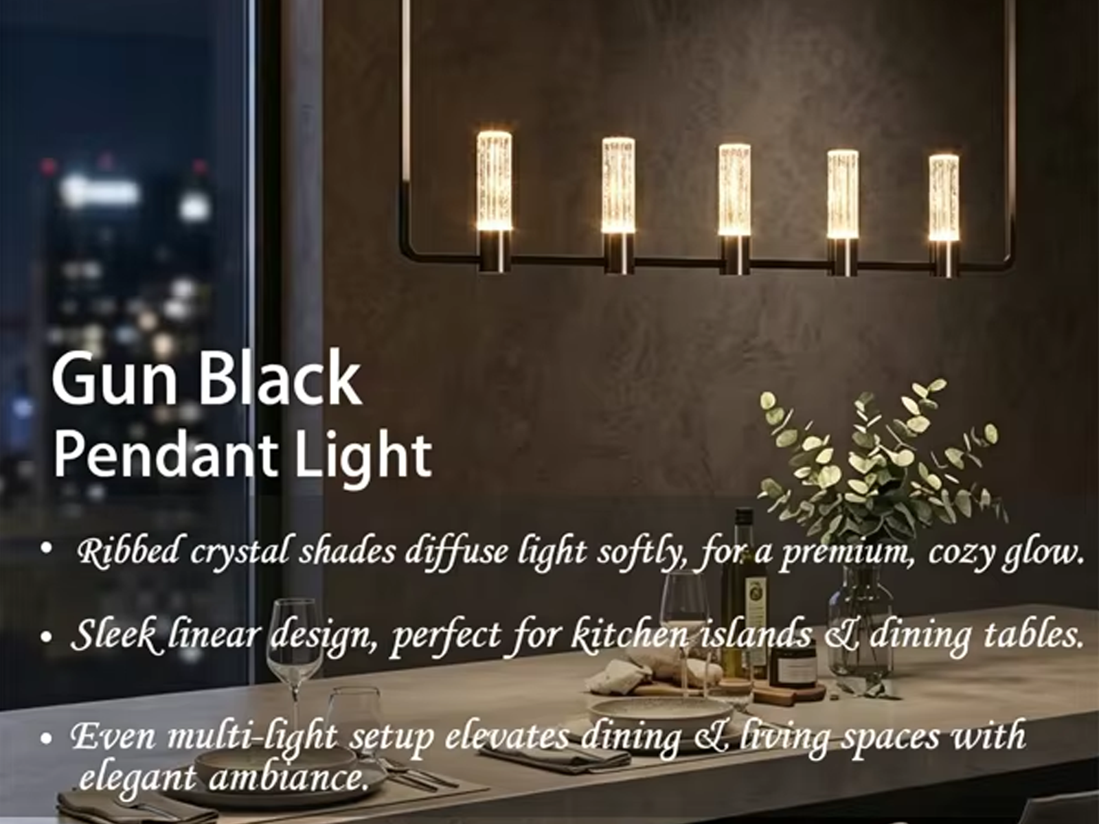 The Atelier matte black rectangular linear chandelier hanging over a wooden dining table in a luxury apartment