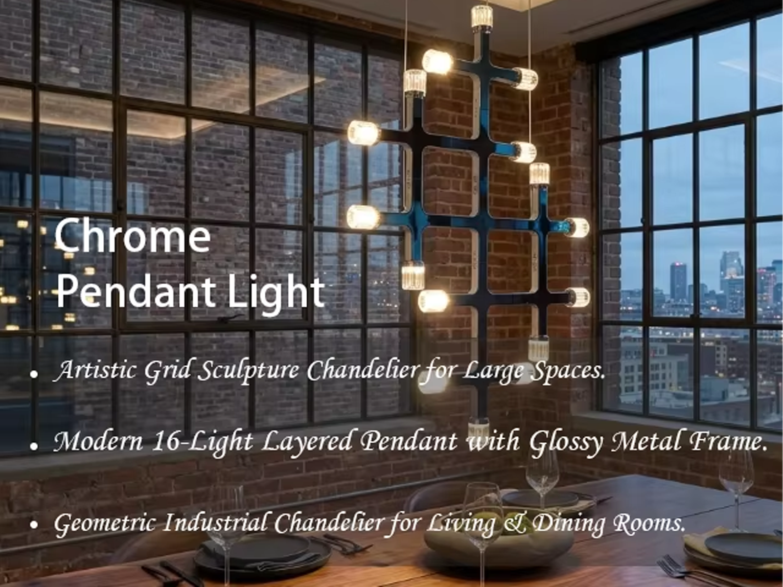 The Lattice modular chrome grid chandelier with multi directional crystal light heads hanging against wall